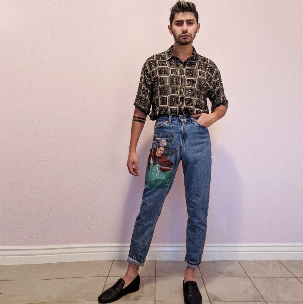 OOAK VINTAGE FRIDA KHALO HIGH WAISTED JEANS - Picture 5 of 5